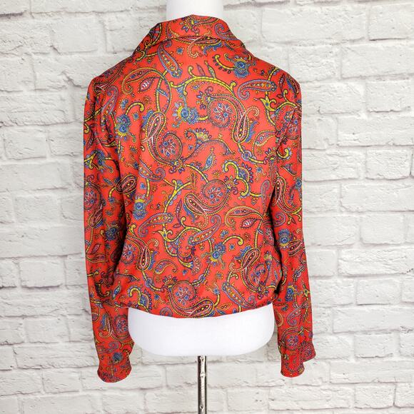 Vintage 70s Lady Arrow Bold Red Paisley Polyester Blouse Smocked Bottom Fits M/L - Picture 2 of 12